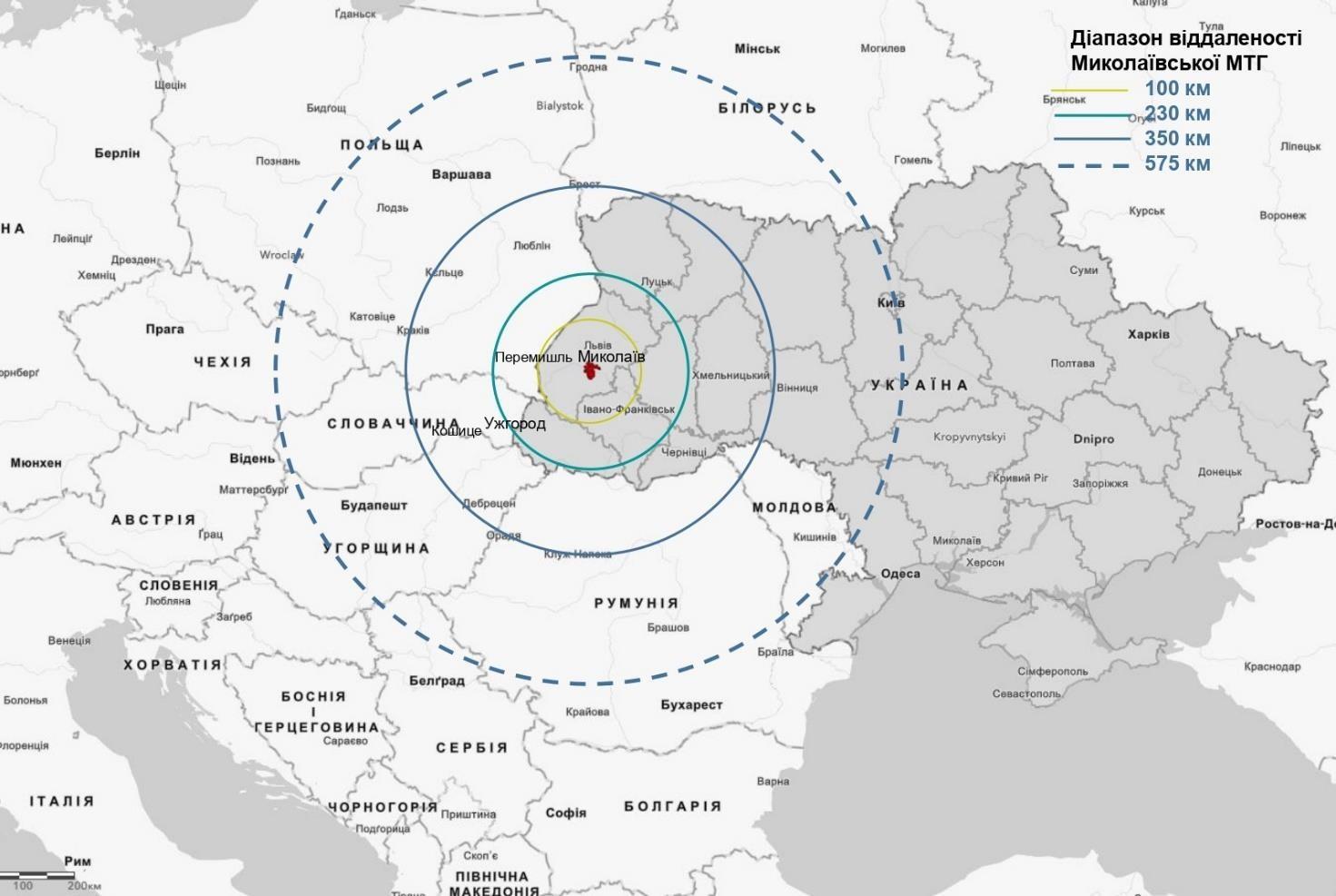 Map of Khorvatsky Hostynets industrial park location — concentric rings at 100, 230, 350 and 575 km showing proximity to Poland, Slovakia, Hungary, Kyiv and other European cities