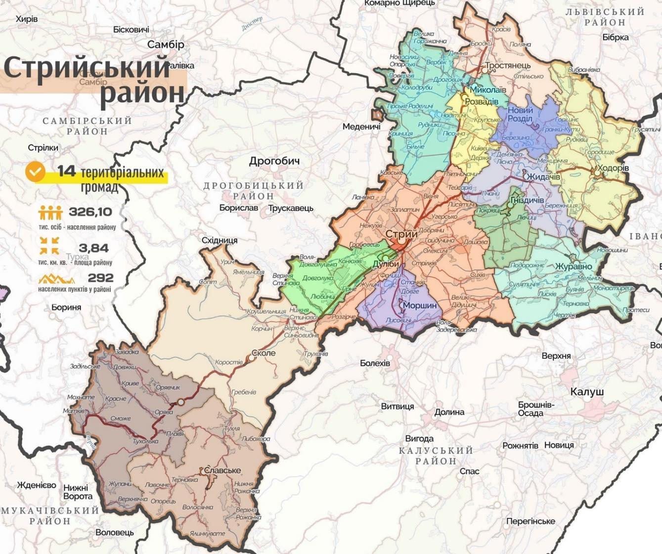 Official map of Stryi District, Lviv Region — 14 territorial communities, 326,000 residents, 3,840 km² area, including Mykolaiv community with Khorvatsky Hostynets industrial park