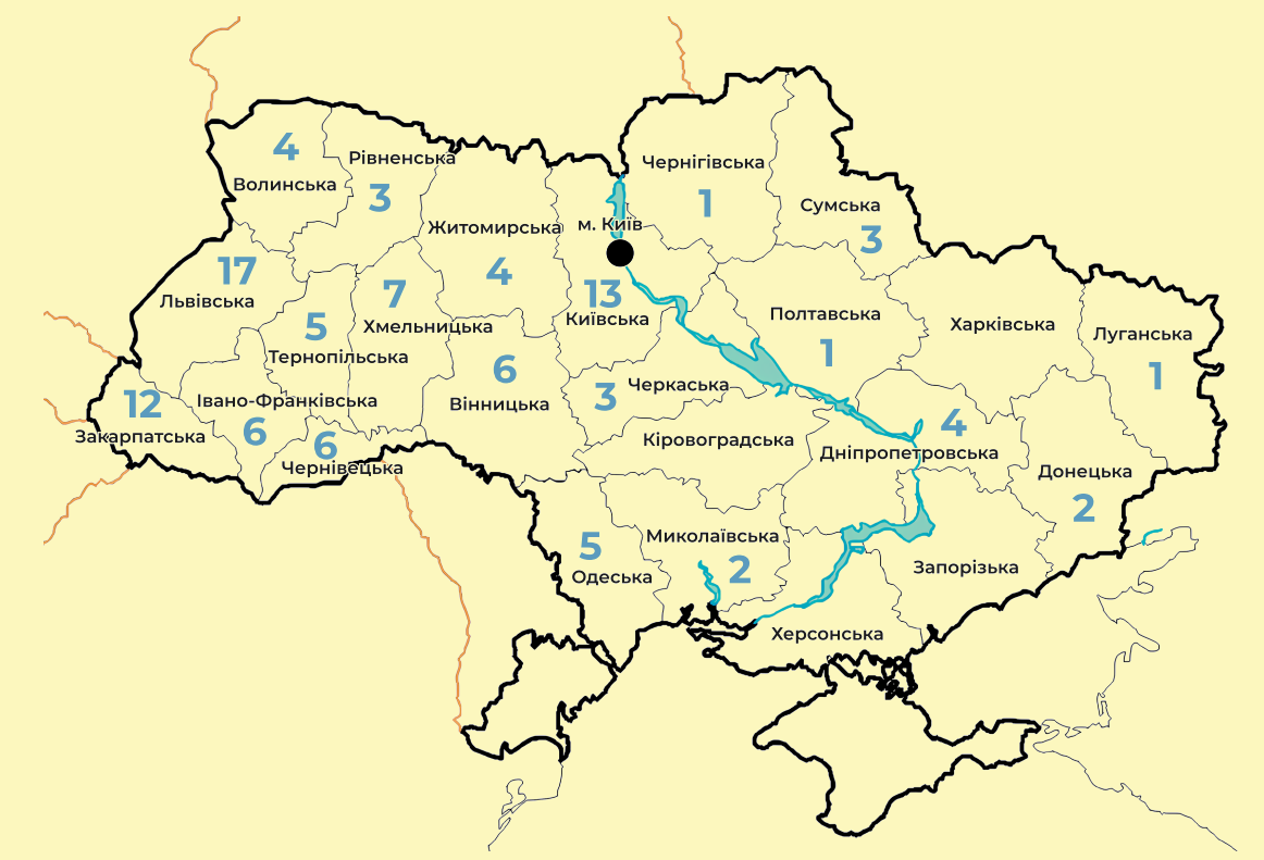 Map of industrial parks across Ukraine oblasts — Lviv Region leads with 17 parks, followed by Zakarpattia (12), Kyiv (13), and other regions