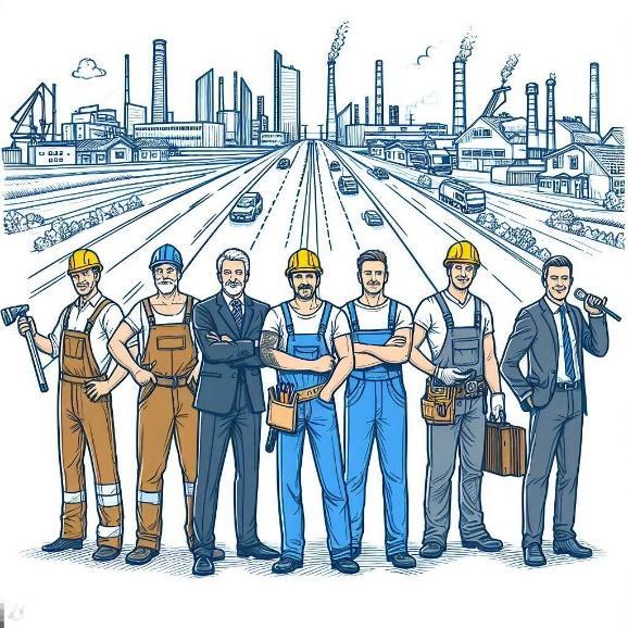 Illustration of park workforce — builders, engineers, managers on the background of industrial infrastructure